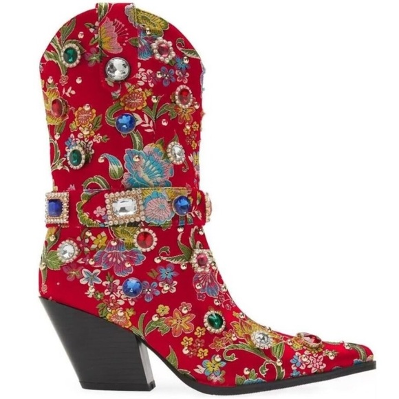 Red Flower Embroidered Rhinestone Mid Calf Pointed Toe Chunky Heel Cowgirl - Picture 2 of 7